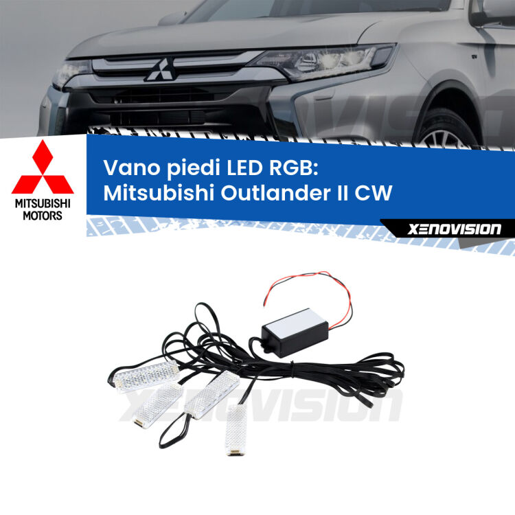 <strong>Kit placche LED cambiacolore vano piedi Mitsubishi Outlander II</strong> CW 2006 - 2012. 4 placche <strong>Bluetooth</strong> con app Android /iOS.