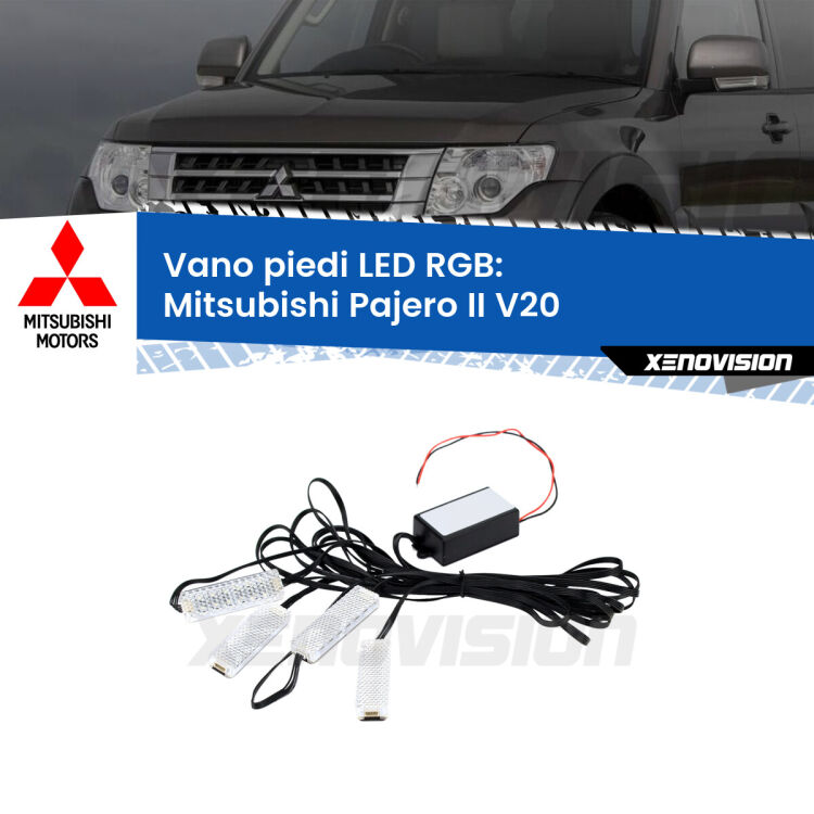 <strong>Kit placche LED cambiacolore vano piedi Mitsubishi Pajero II</strong> V20 1990 - 2000. 4 placche <strong>Bluetooth</strong> con app Android /iOS.