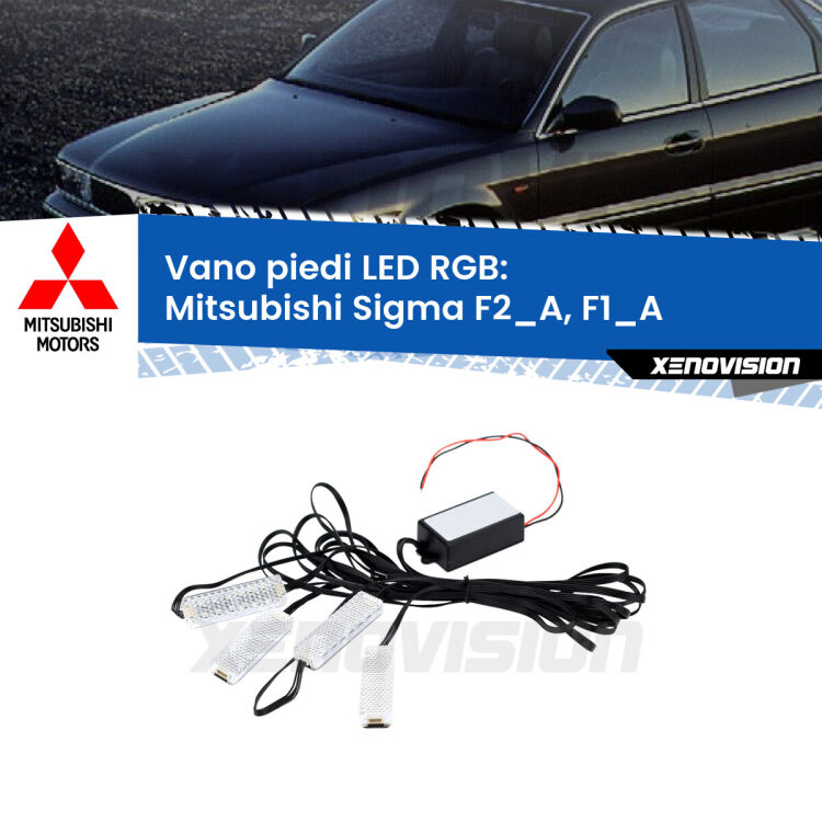 <strong>Kit placche LED cambiacolore vano piedi Mitsubishi Sigma</strong> F2_A, F1_A 1990 - 1996. 4 placche <strong>Bluetooth</strong> con app Android /iOS.
