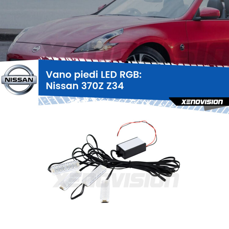 <strong>Kit placche LED cambiacolore vano piedi Nissan 370Z</strong> Z34 2009 in poi. 4 placche <strong>Bluetooth</strong> con app Android /iOS.