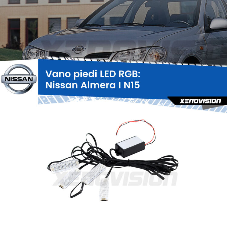 <strong>Kit placche LED cambiacolore vano piedi Nissan Almera I</strong> N15 1995 - 2000. 4 placche <strong>Bluetooth</strong> con app Android /iOS.