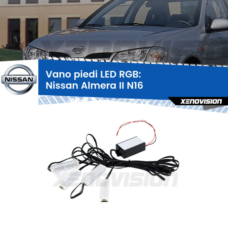 <strong>Kit placche LED cambiacolore vano piedi Nissan Almera II</strong> N16 2000 - 2006. 4 placche <strong>Bluetooth</strong> con app Android /iOS.