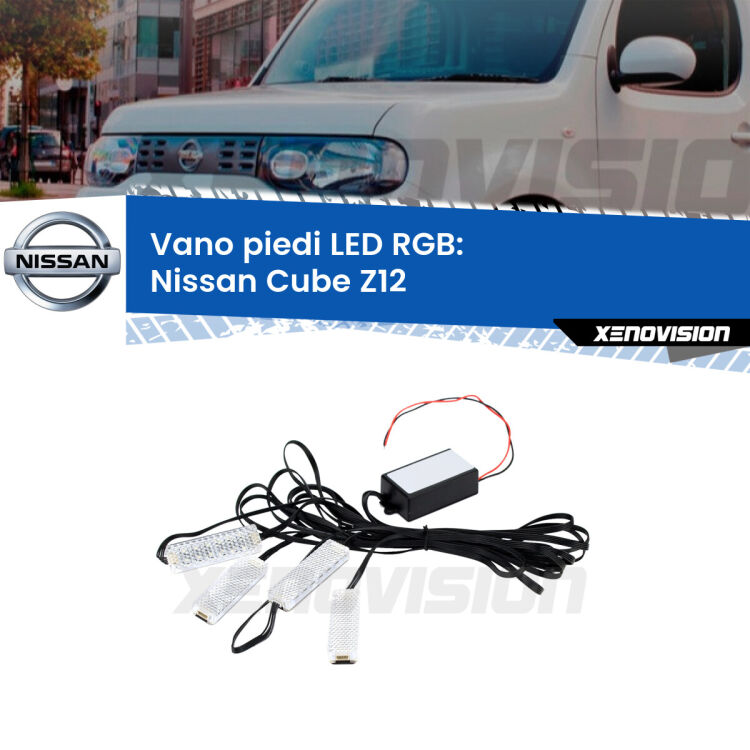 <strong>Kit placche LED cambiacolore vano piedi Nissan Cube</strong> Z12 2008 - 2012. 4 placche <strong>Bluetooth</strong> con app Android /iOS.