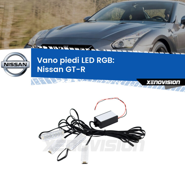 <strong>Kit placche LED cambiacolore vano piedi Nissan GT-R</strong>  2007 in poi. 4 placche <strong>Bluetooth</strong> con app Android /iOS.