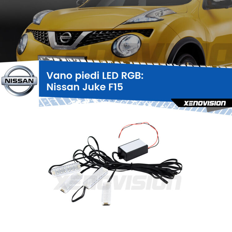 <strong>Kit placche LED cambiacolore vano piedi Nissan Juke</strong> F15 2010 - 2018. 4 placche <strong>Bluetooth</strong> con app Android /iOS.