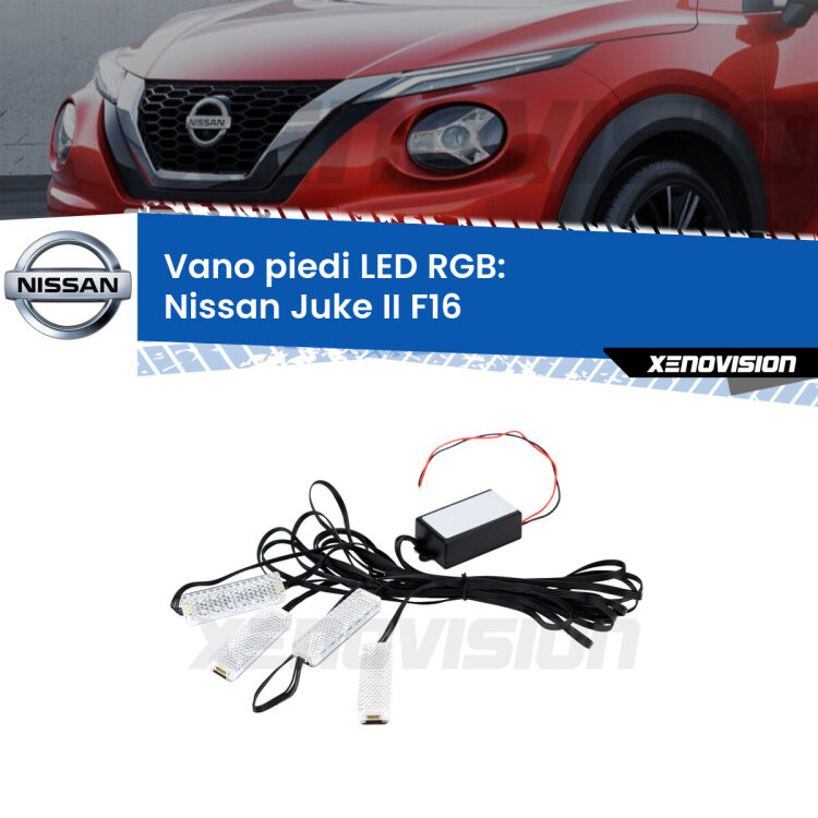<strong>Kit placche LED cambiacolore vano piedi Nissan Juke II</strong> F16 2019 in poi. 4 placche <strong>Bluetooth</strong> con app Android /iOS.