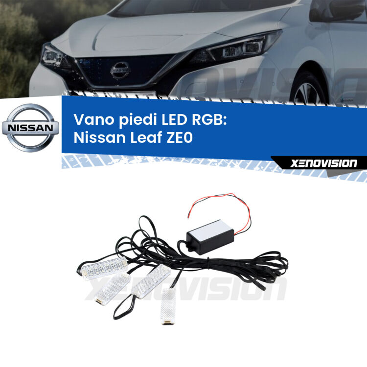 <strong>Kit placche LED cambiacolore vano piedi Nissan Leaf</strong> ZE0 2010 - 2016. 4 placche <strong>Bluetooth</strong> con app Android /iOS.