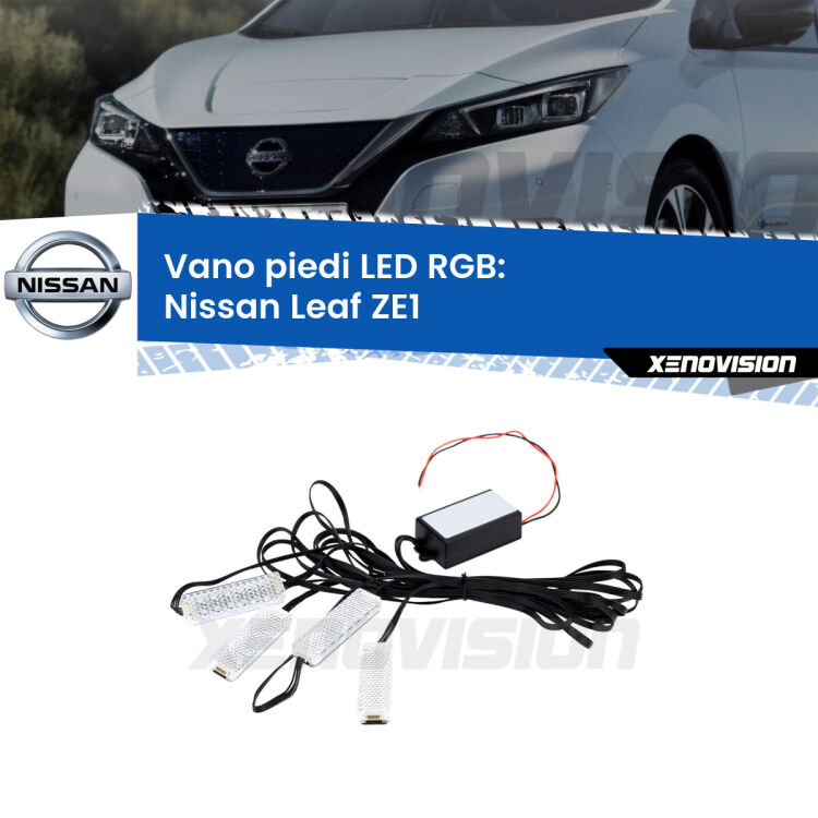 <strong>Kit placche LED cambiacolore vano piedi Nissan Leaf</strong> ZE1 2017 in poi. 4 placche <strong>Bluetooth</strong> con app Android /iOS.