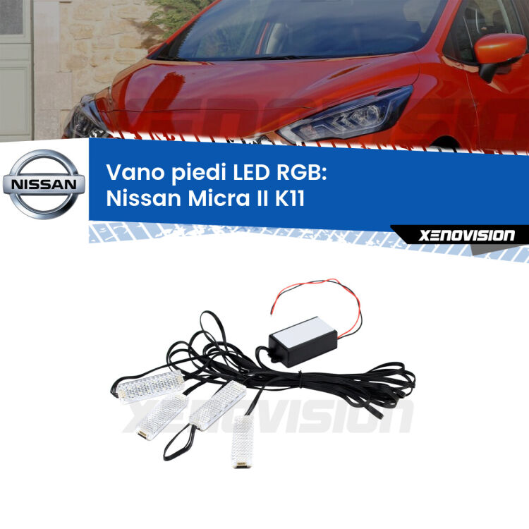 <strong>Kit placche LED cambiacolore vano piedi Nissan Micra II</strong> K11 1992 - 2003. 4 placche <strong>Bluetooth</strong> con app Android /iOS.