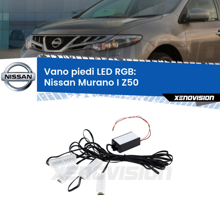 <strong>Kit placche LED cambiacolore vano piedi Nissan Murano I</strong> Z50 2003 - 2008. 4 placche <strong>Bluetooth</strong> con app Android /iOS.
