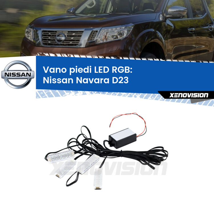 <strong>Kit placche LED cambiacolore vano piedi Nissan Navara</strong> D23 2014 in poi. 4 placche <strong>Bluetooth</strong> con app Android /iOS.