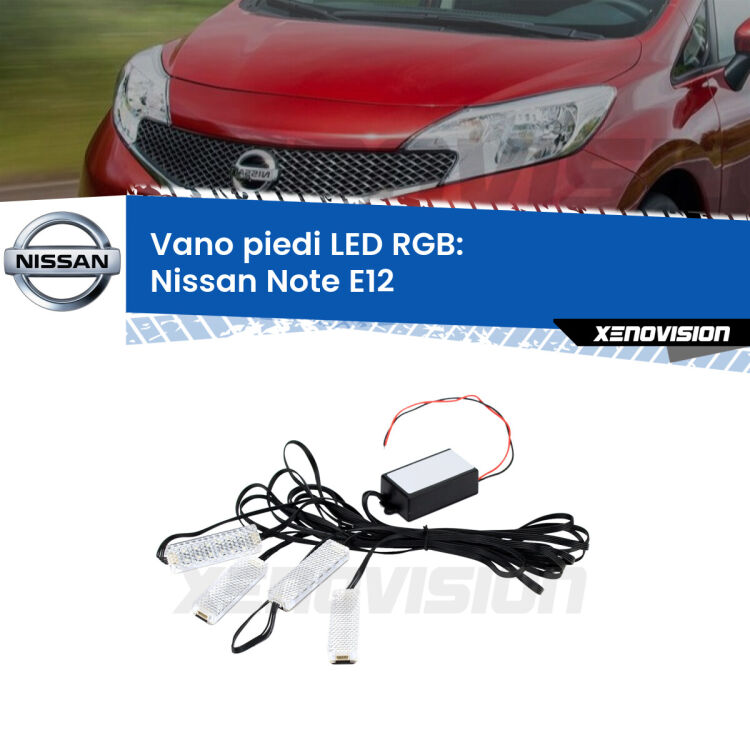 <strong>Kit placche LED cambiacolore vano piedi Nissan Note</strong> E12 2013 in poi. 4 placche <strong>Bluetooth</strong> con app Android /iOS.