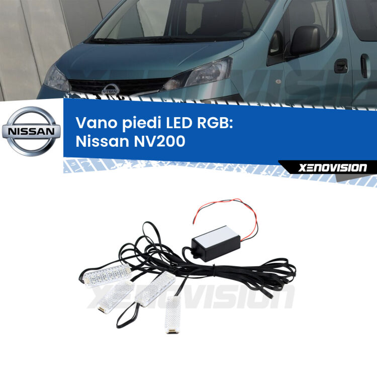 <strong>Kit placche LED cambiacolore vano piedi Nissan NV200</strong>  2010 - 2019. 4 placche <strong>Bluetooth</strong> con app Android /iOS.