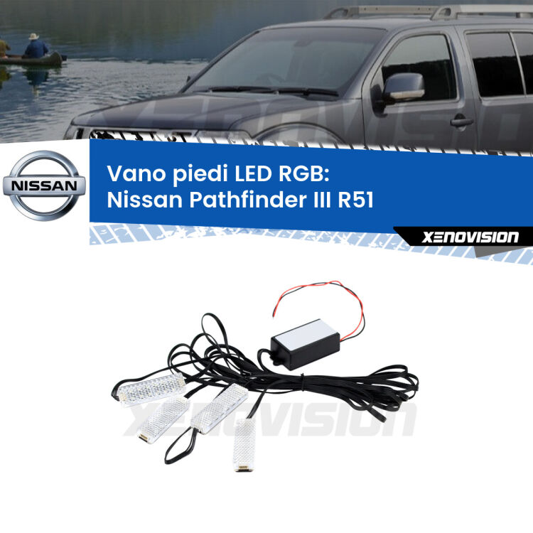 <strong>Kit placche LED cambiacolore vano piedi Nissan Pathfinder III</strong> R51 2005 - 2011. 4 placche <strong>Bluetooth</strong> con app Android /iOS.