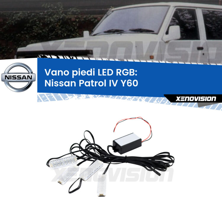 <strong>Kit placche LED cambiacolore vano piedi Nissan Patrol IV</strong> Y60 1988 - 1997. 4 placche <strong>Bluetooth</strong> con app Android /iOS.