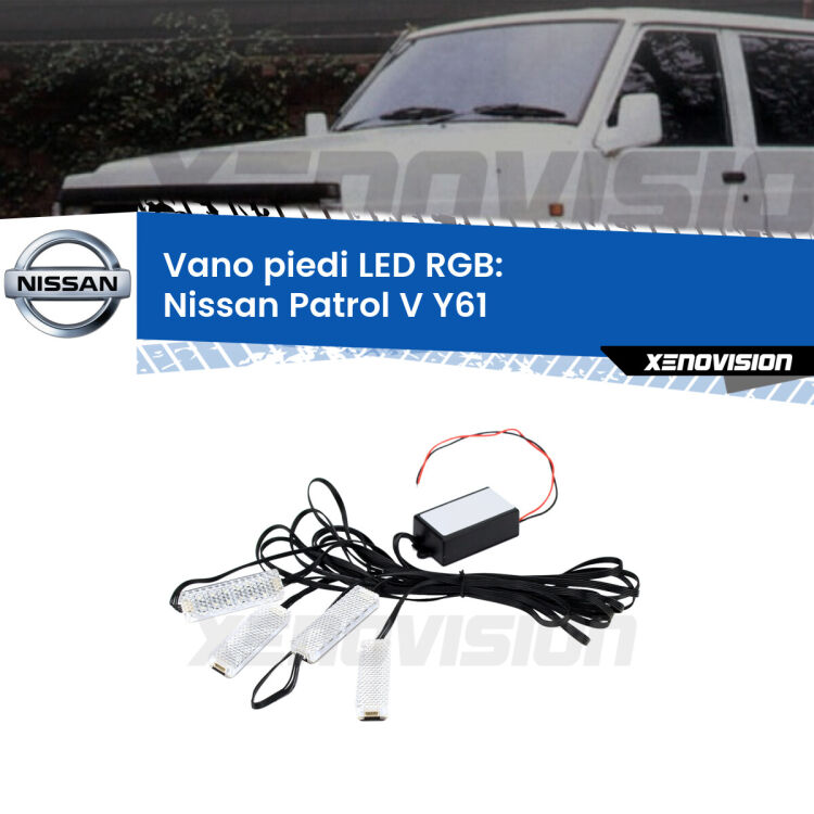 <strong>Kit placche LED cambiacolore vano piedi Nissan Patrol V</strong> Y61 1997 - 2009. 4 placche <strong>Bluetooth</strong> con app Android /iOS.