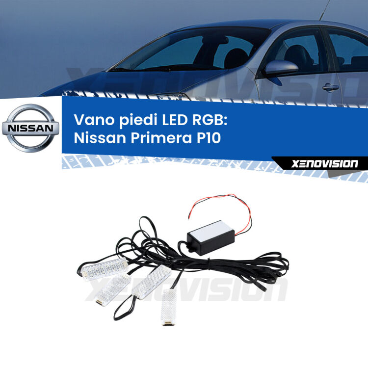 <strong>Kit placche LED cambiacolore vano piedi Nissan Primera</strong> P10 1990 - 1996. 4 placche <strong>Bluetooth</strong> con app Android /iOS.