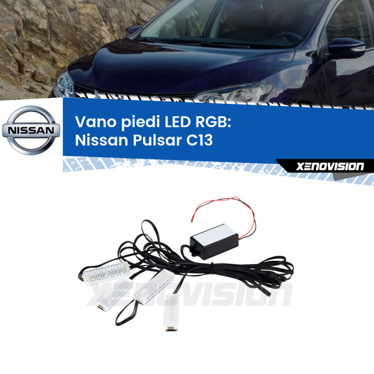 <strong>Kit placche LED cambiacolore vano piedi Nissan Pulsar</strong> C13 2014 - 2018. 4 placche <strong>Bluetooth</strong> con app Android /iOS.