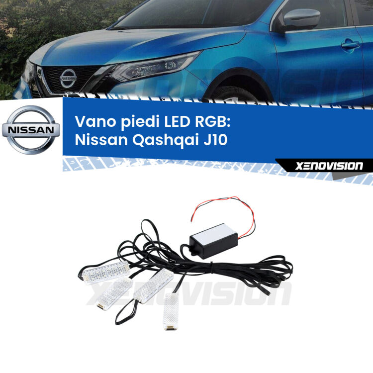 <strong>Kit placche LED cambiacolore vano piedi Nissan Qashqai</strong> J10 2007 - 2013. 4 placche <strong>Bluetooth</strong> con app Android /iOS.