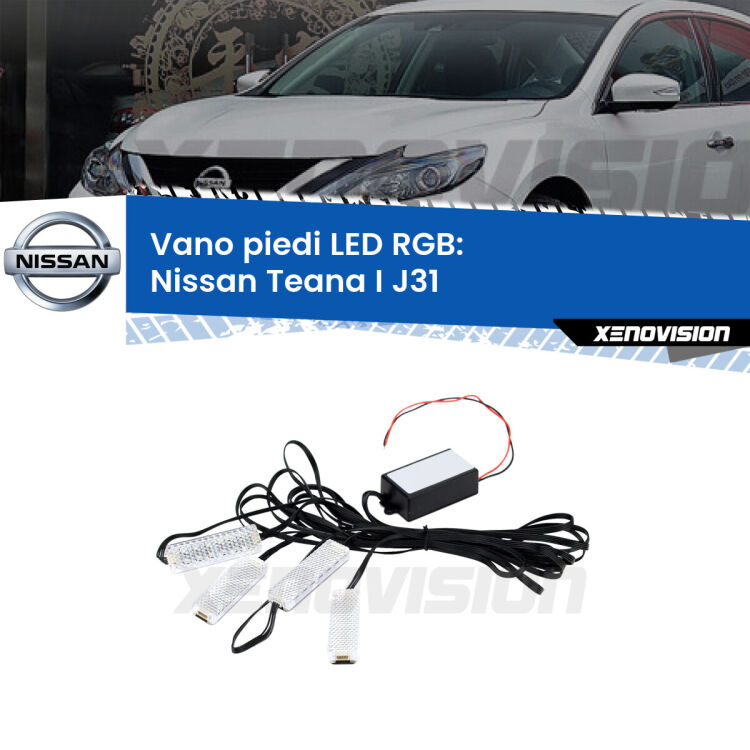 <strong>Kit placche LED cambiacolore vano piedi Nissan Teana I</strong> J31 2003 - 2008. 4 placche <strong>Bluetooth</strong> con app Android /iOS.
