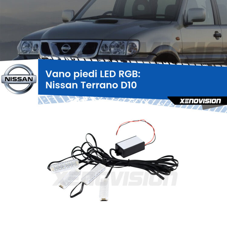 <strong>Kit placche LED cambiacolore vano piedi Nissan Terrano</strong> D10 2013 in poi. 4 placche <strong>Bluetooth</strong> con app Android /iOS.