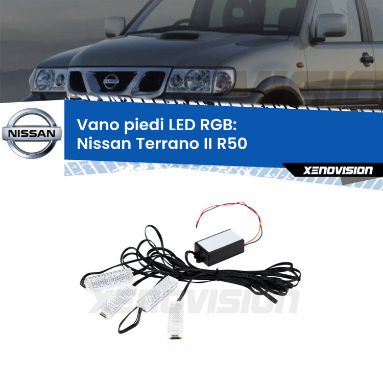 <strong>Kit placche LED cambiacolore vano piedi Nissan Terrano II</strong> R50 1997 - 2004. 4 placche <strong>Bluetooth</strong> con app Android /iOS.