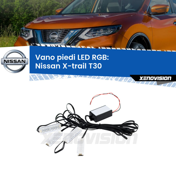 <strong>Kit placche LED cambiacolore vano piedi Nissan X-trail</strong> T30 2001 - 2007. 4 placche <strong>Bluetooth</strong> con app Android /iOS.