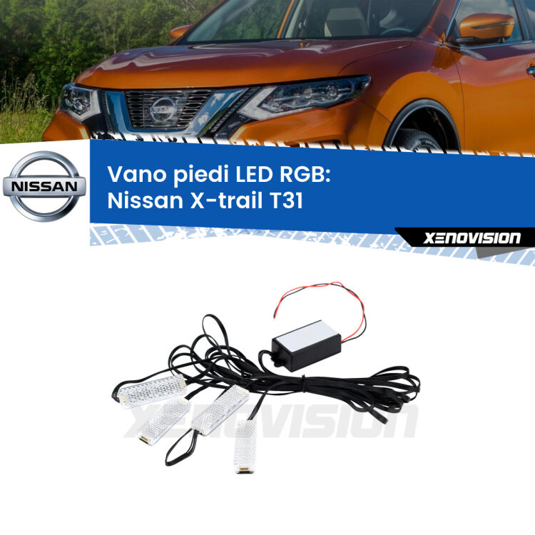 <strong>Kit placche LED cambiacolore vano piedi Nissan X-trail</strong> T31 2007 - 2014. 4 placche <strong>Bluetooth</strong> con app Android /iOS.
