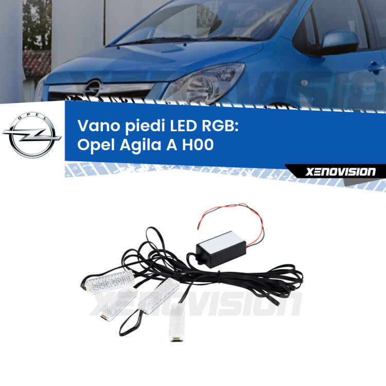 <strong>Kit placche LED cambiacolore vano piedi Opel Agila A</strong> H00 2000 - 2007. 4 placche <strong>Bluetooth</strong> con app Android /iOS.