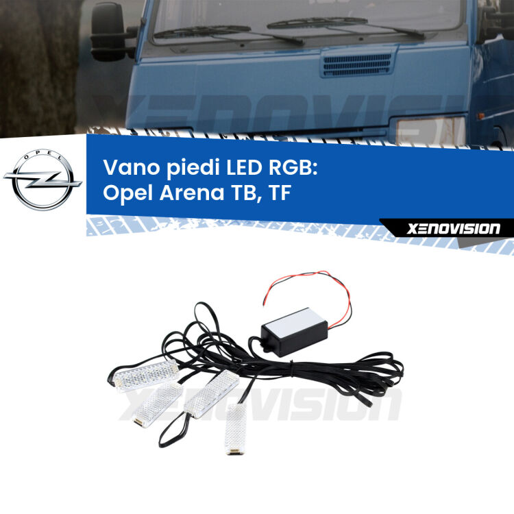 <strong>Kit placche LED cambiacolore vano piedi Opel Arena</strong> TB, TF 1998 - 2001. 4 placche <strong>Bluetooth</strong> con app Android /iOS.