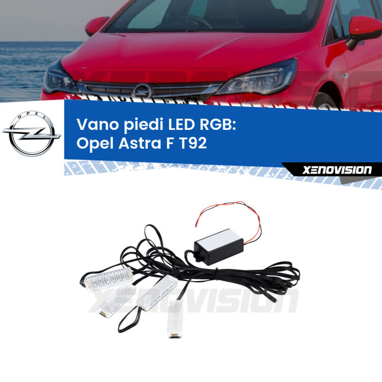 <strong>Kit placche LED cambiacolore vano piedi Opel Astra F</strong> T92 1991 - 1998. 4 placche <strong>Bluetooth</strong> con app Android /iOS.