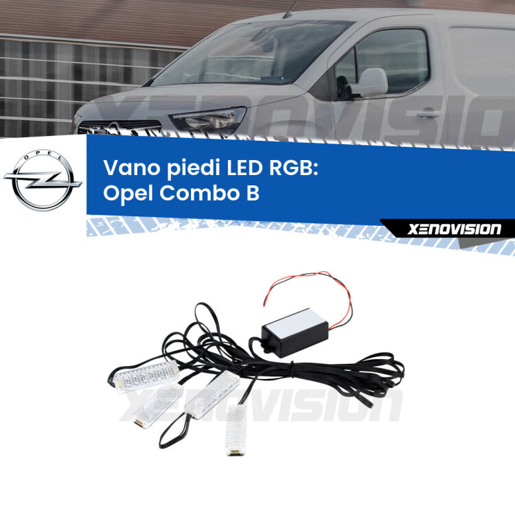 <strong>Kit placche LED cambiacolore vano piedi Opel Combo B</strong>  1994 - 2001. 4 placche <strong>Bluetooth</strong> con app Android /iOS.
