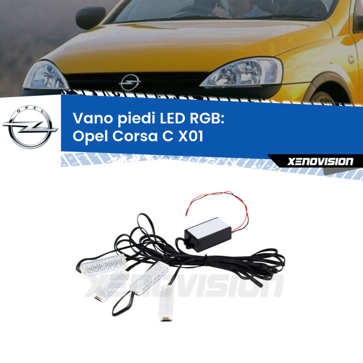 <strong>Kit placche LED cambiacolore vano piedi Opel Corsa C</strong> X01 2000 - 2006. 4 placche <strong>Bluetooth</strong> con app Android /iOS.