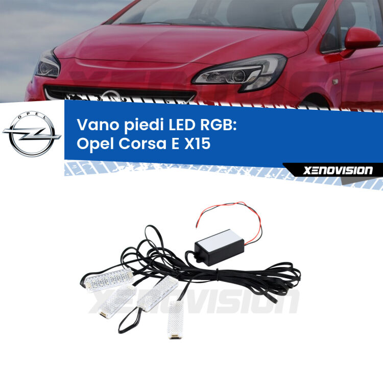 <strong>Kit placche LED cambiacolore vano piedi Opel Corsa E</strong> X15 2014 - 2019. 4 placche <strong>Bluetooth</strong> con app Android /iOS.