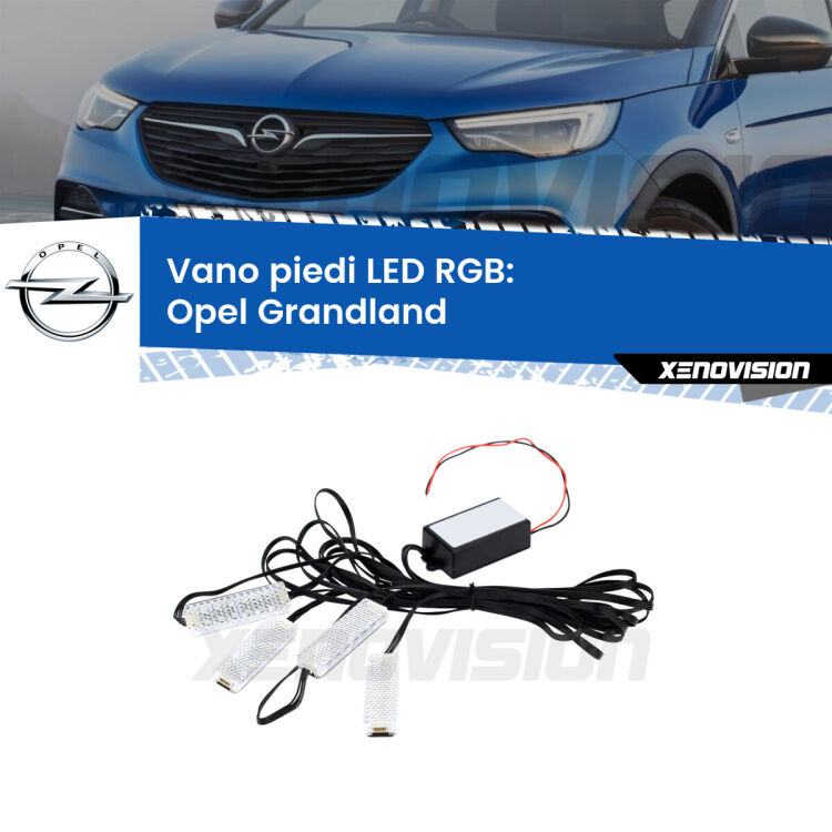 <strong>Kit placche LED cambiacolore vano piedi Opel Grandland</strong>  2017 in poi. 4 placche <strong>Bluetooth</strong> con app Android /iOS.