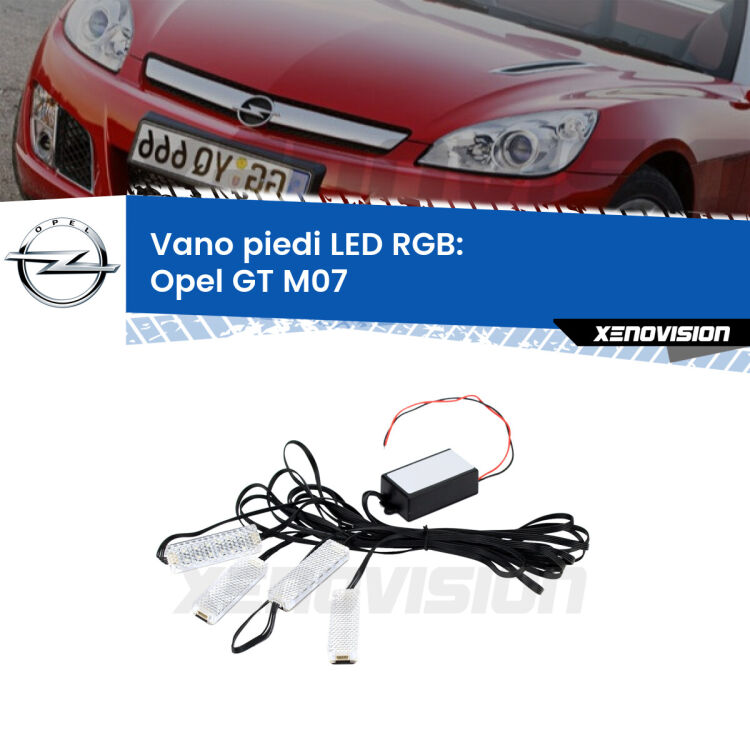 <strong>Kit placche LED cambiacolore vano piedi Opel GT</strong> M07 2007 - 2011. 4 placche <strong>Bluetooth</strong> con app Android /iOS.