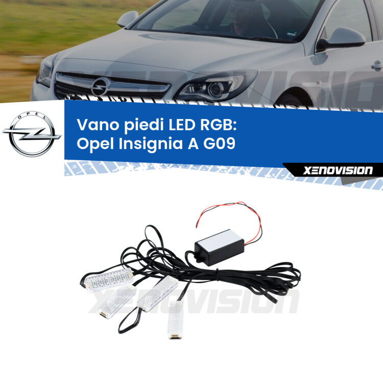 <strong>Kit placche LED cambiacolore vano piedi Opel Insignia A</strong> G09 2008 - 2013. 4 placche <strong>Bluetooth</strong> con app Android /iOS.