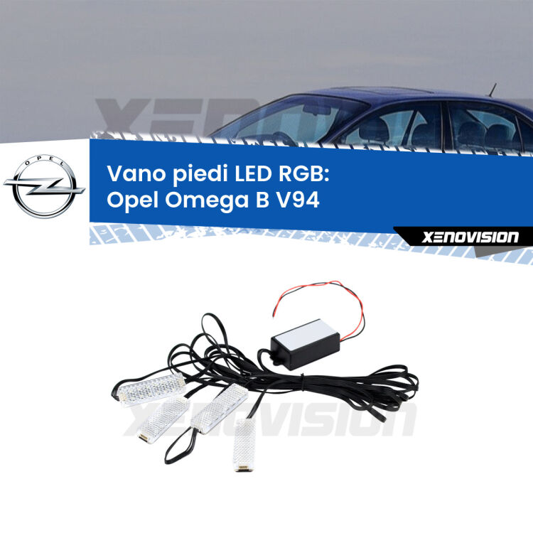 <strong>Kit placche LED cambiacolore vano piedi Opel Omega B</strong> V94 1994 - 2003. 4 placche <strong>Bluetooth</strong> con app Android /iOS.