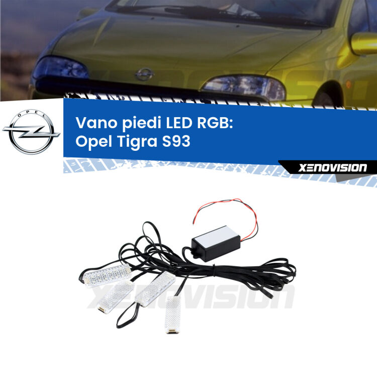 <strong>Kit placche LED cambiacolore vano piedi Opel Tigra</strong> S93 1994 - 2000. 4 placche <strong>Bluetooth</strong> con app Android /iOS.