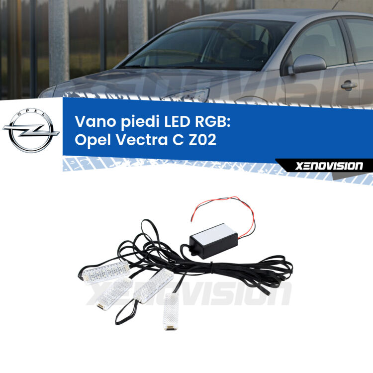 <strong>Kit placche LED cambiacolore vano piedi Opel Vectra C</strong> Z02 2002 - 2010. 4 placche <strong>Bluetooth</strong> con app Android /iOS.