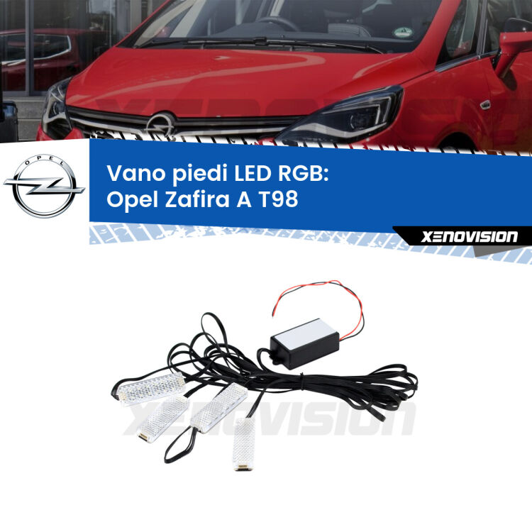 <strong>Kit placche LED cambiacolore vano piedi Opel Zafira A</strong> T98 1999 - 2005. 4 placche <strong>Bluetooth</strong> con app Android /iOS.