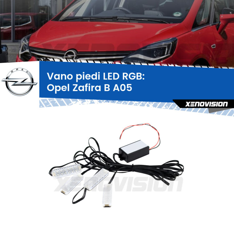 <strong>Kit placche LED cambiacolore vano piedi Opel Zafira B</strong> A05 2005 - 2015. 4 placche <strong>Bluetooth</strong> con app Android /iOS.