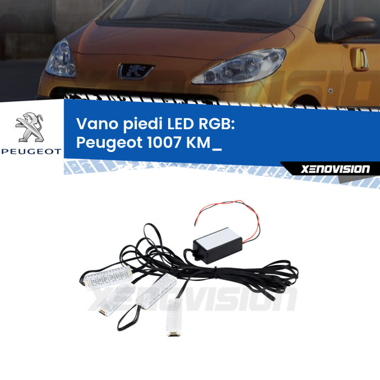 <strong>Kit placche LED cambiacolore vano piedi Peugeot 1007</strong> KM_ 2005 - 2009. 4 placche <strong>Bluetooth</strong> con app Android /iOS.