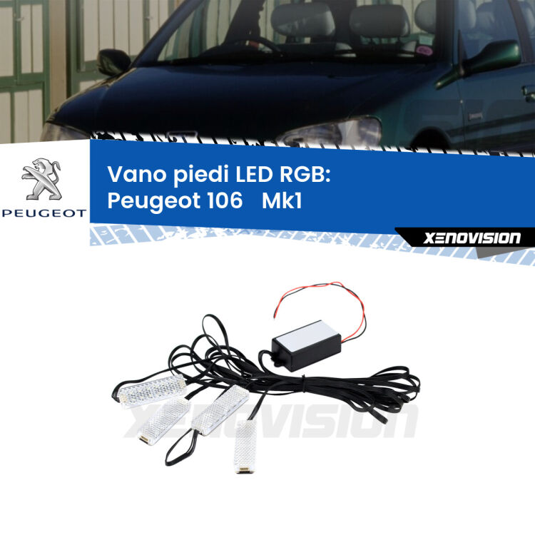 <strong>Kit placche LED cambiacolore vano piedi Peugeot 106  </strong> Mk1 1991 - 1996. 4 placche <strong>Bluetooth</strong> con app Android /iOS.