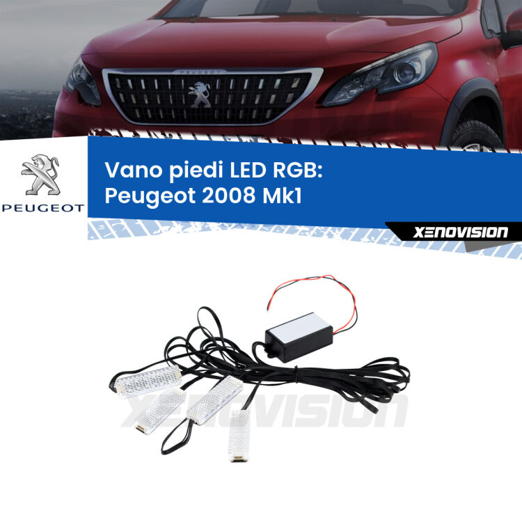 <strong>Kit placche LED cambiacolore vano piedi Peugeot 2008</strong> Mk1 2013 - 2018. 4 placche <strong>Bluetooth</strong> con app Android /iOS.