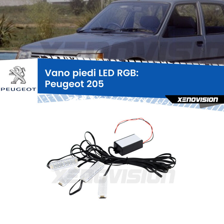 <strong>Kit placche LED cambiacolore vano piedi Peugeot 205</strong>  1983 - 1999. 4 placche <strong>Bluetooth</strong> con app Android /iOS.