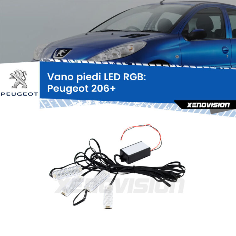 <strong>Kit placche LED cambiacolore vano piedi Peugeot 206+</strong>  2009 - 2013. 4 placche <strong>Bluetooth</strong> con app Android /iOS.