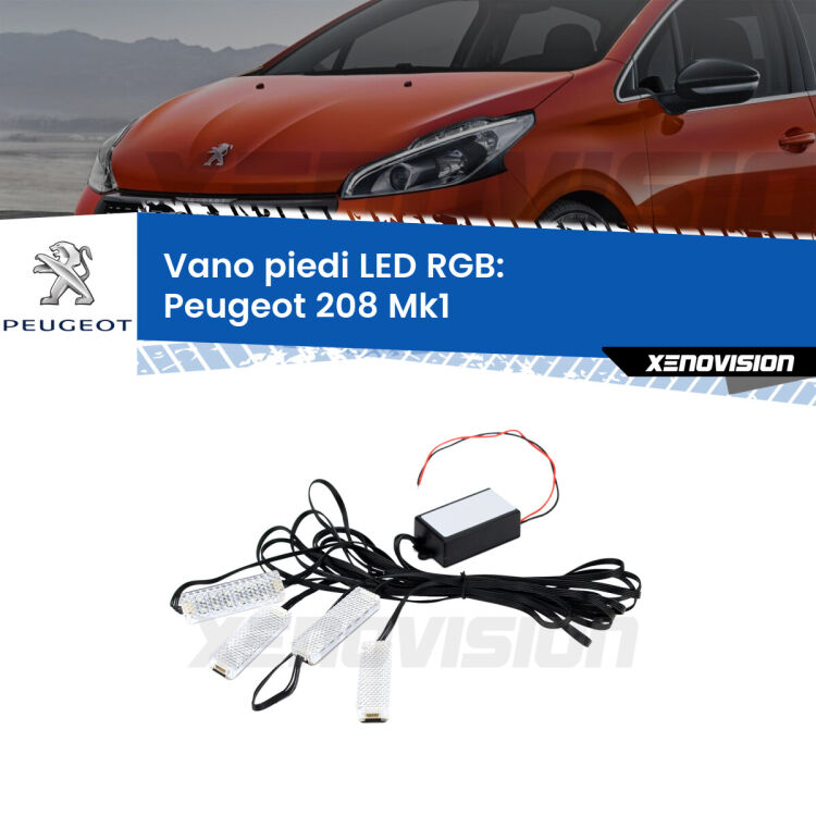 <strong>Kit placche LED cambiacolore vano piedi Peugeot 208</strong> Mk1 2012 - 2018. 4 placche <strong>Bluetooth</strong> con app Android /iOS.