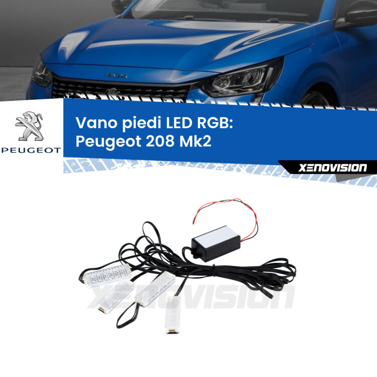 <strong>Kit placche LED cambiacolore vano piedi Peugeot 208</strong> Mk2 2019 in poi. 4 placche <strong>Bluetooth</strong> con app Android /iOS.