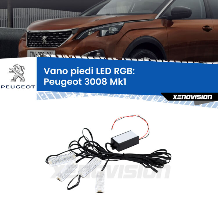 <strong>Kit placche LED cambiacolore vano piedi Peugeot 3008</strong> Mk1 2008 - 2015. 4 placche <strong>Bluetooth</strong> con app Android /iOS.